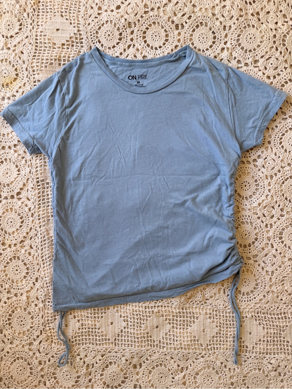 On Fire Stylish Light Blue Short Sleeve 100% Cotton Side-Ruched Everday Tee